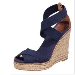 Tory Burch Adonis  Espadrille Elastic High Wedge  Navy Size 6